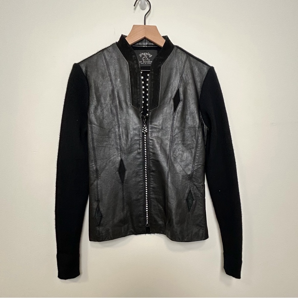 Ying Ying of Nevada Leather Knit Jacket Women M Black Genuine Leather Zip Front